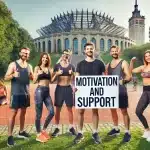 DALL·E 2024-07-05 13.50.58 – A motivational scene in Katowice, Poland, focused on weight loss and support. The image shows a group of diverse people exercising together in a sceni